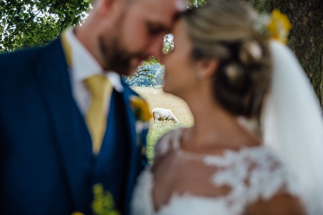 Close-up artistic shot of wedding couple with soft focus and natural backdrop.
