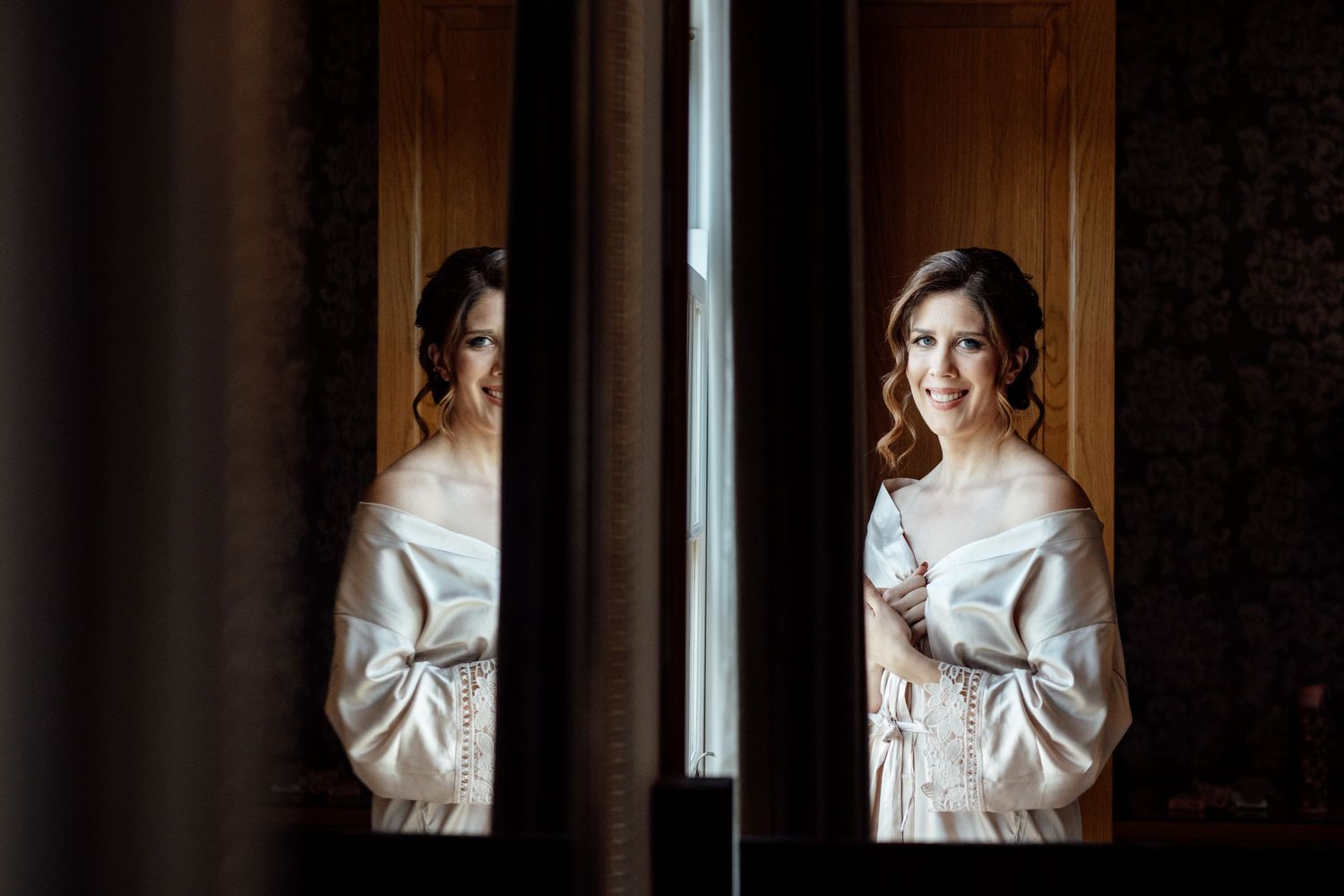 A sequence of elegant bridal preparation photos showing final touches being made in a warmly lit room.