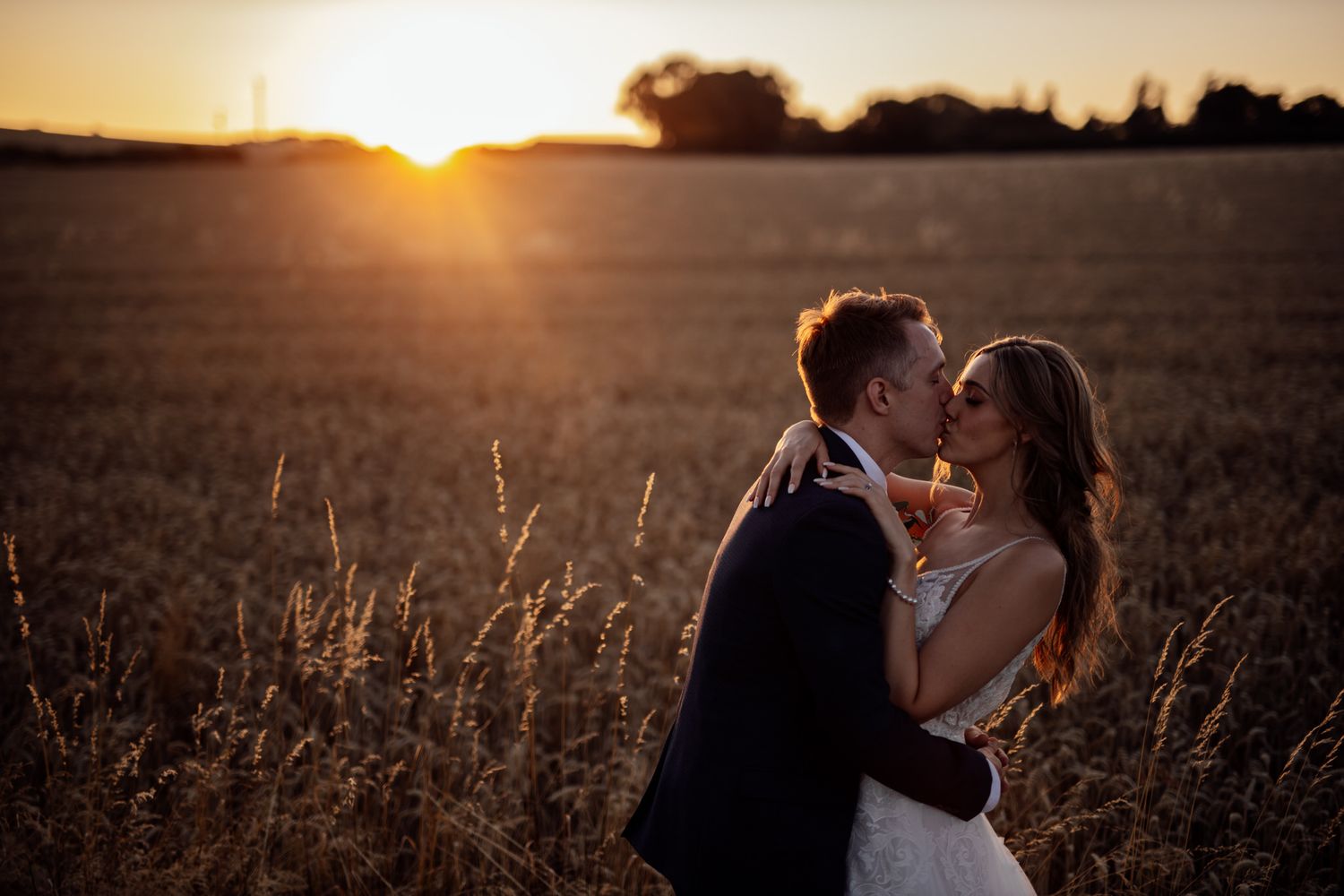 Wedding couple embraces in warm evening light among tall grasses in a countryside setting.