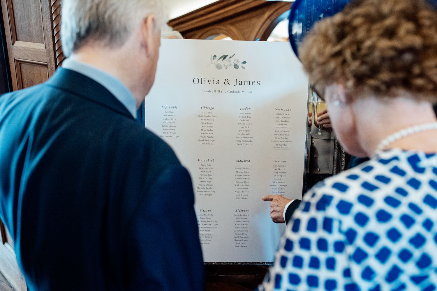 Wedding reception seating chart displayed at elegant venue entrance.
