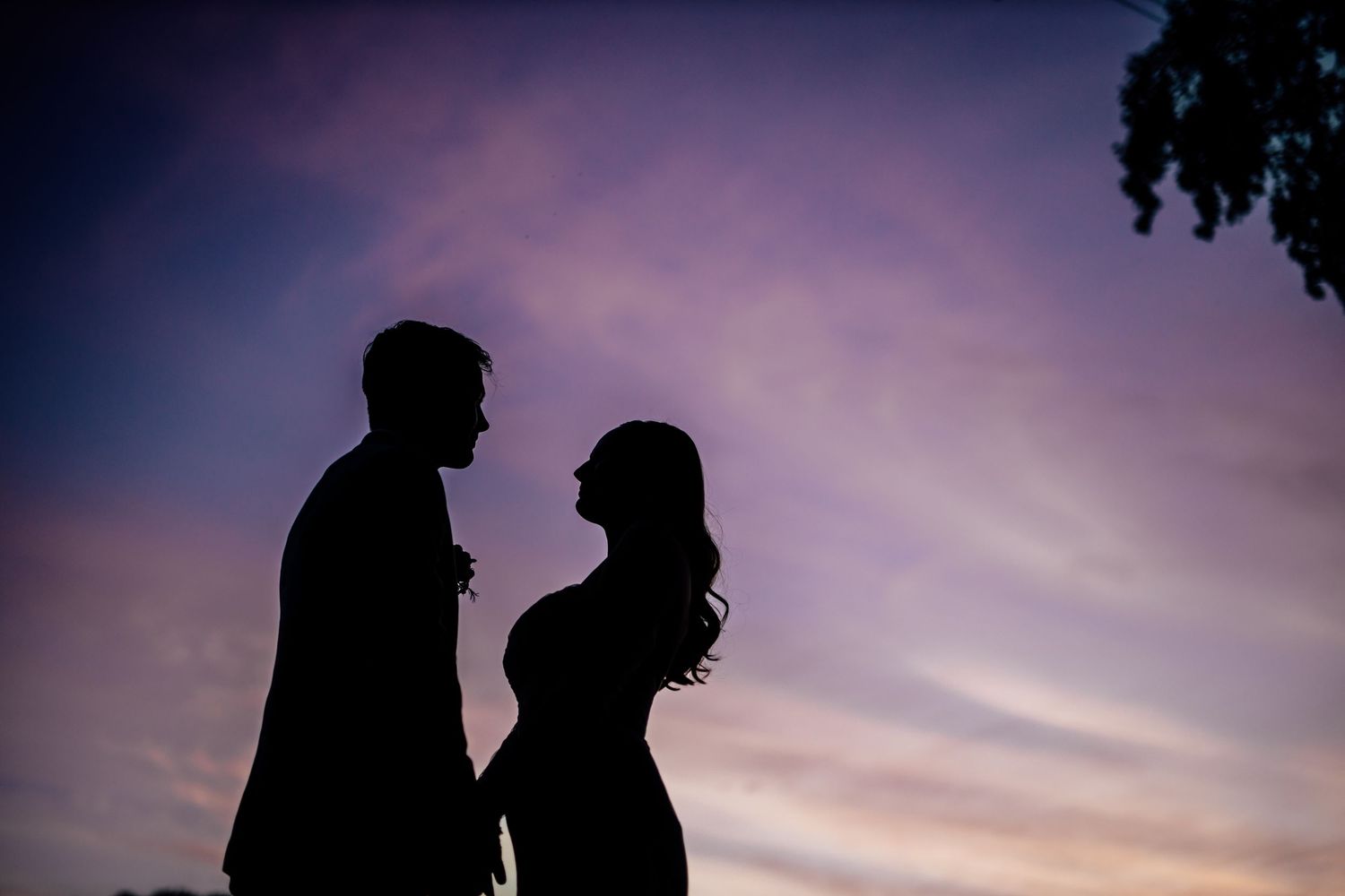 Silhouetted couple standing close together against a dramatic purple sunset sky.