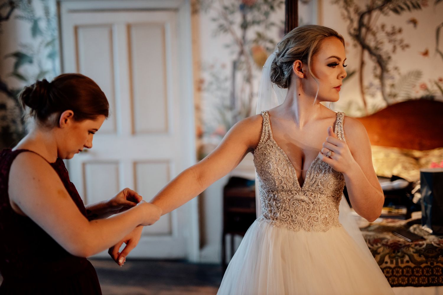 A sparkling beaded bodice detail of a wedding dress captured in multiple elegant angles.