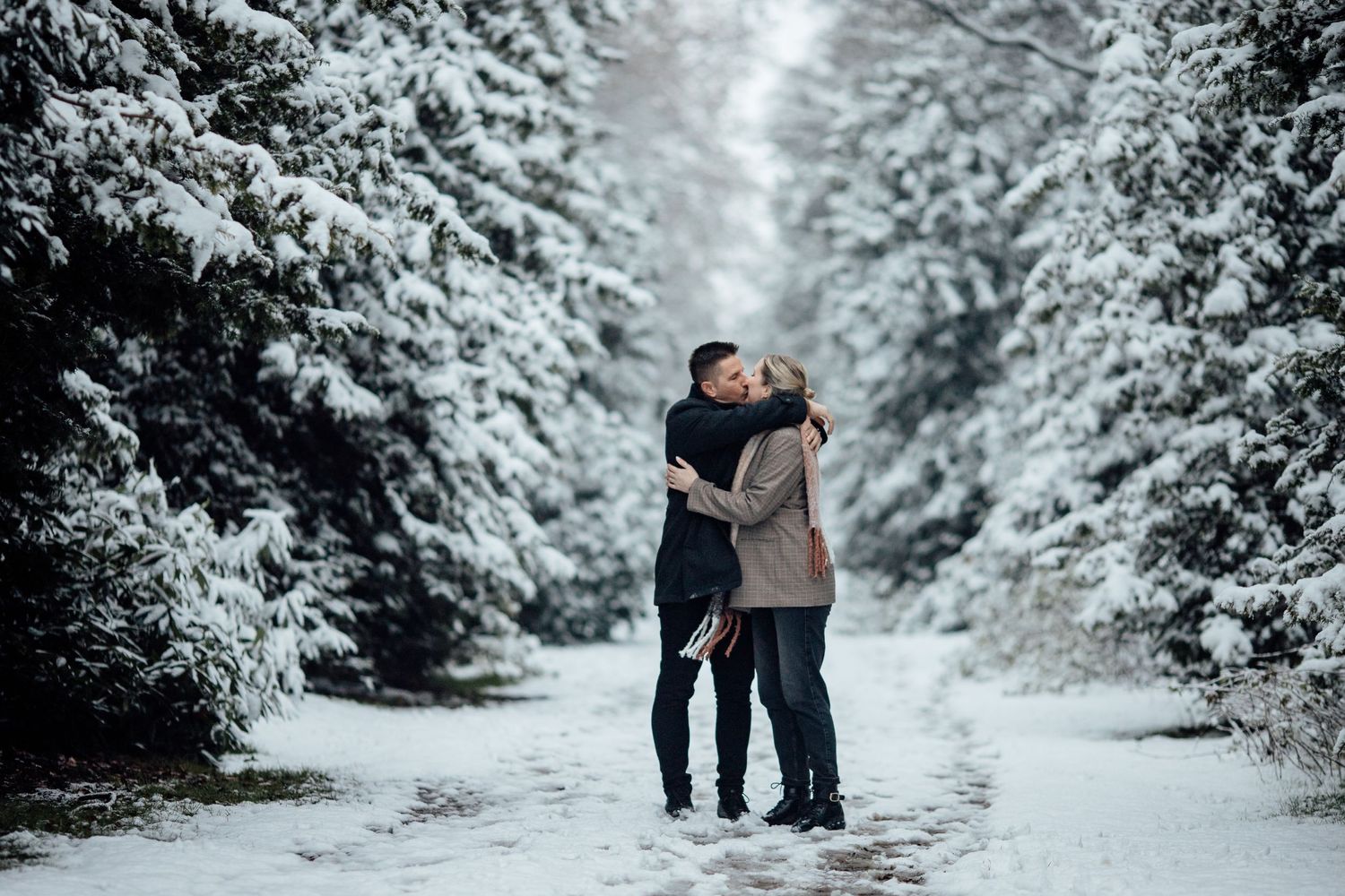 Couple walking hand in hand on snow-covered path between evergreen trees.