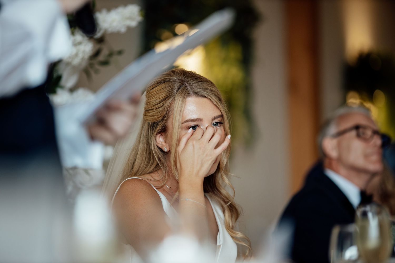 Emotional reactions captured during wedding reception speeches and toasts.