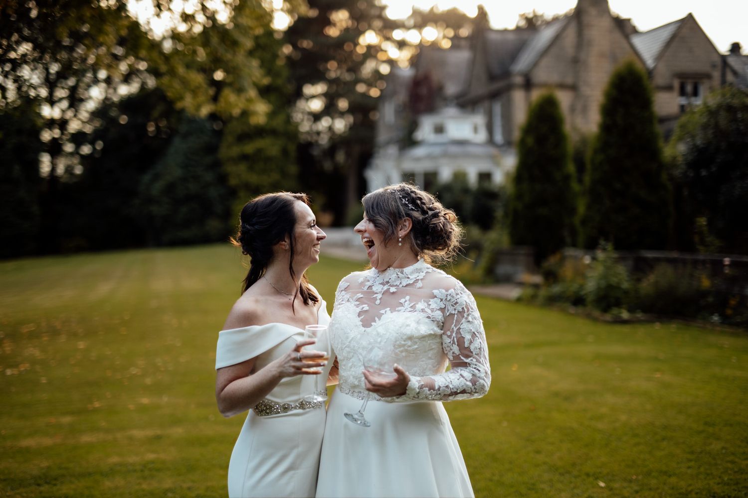 Outdoor wedding portraits taken on estate grounds at golden hour.