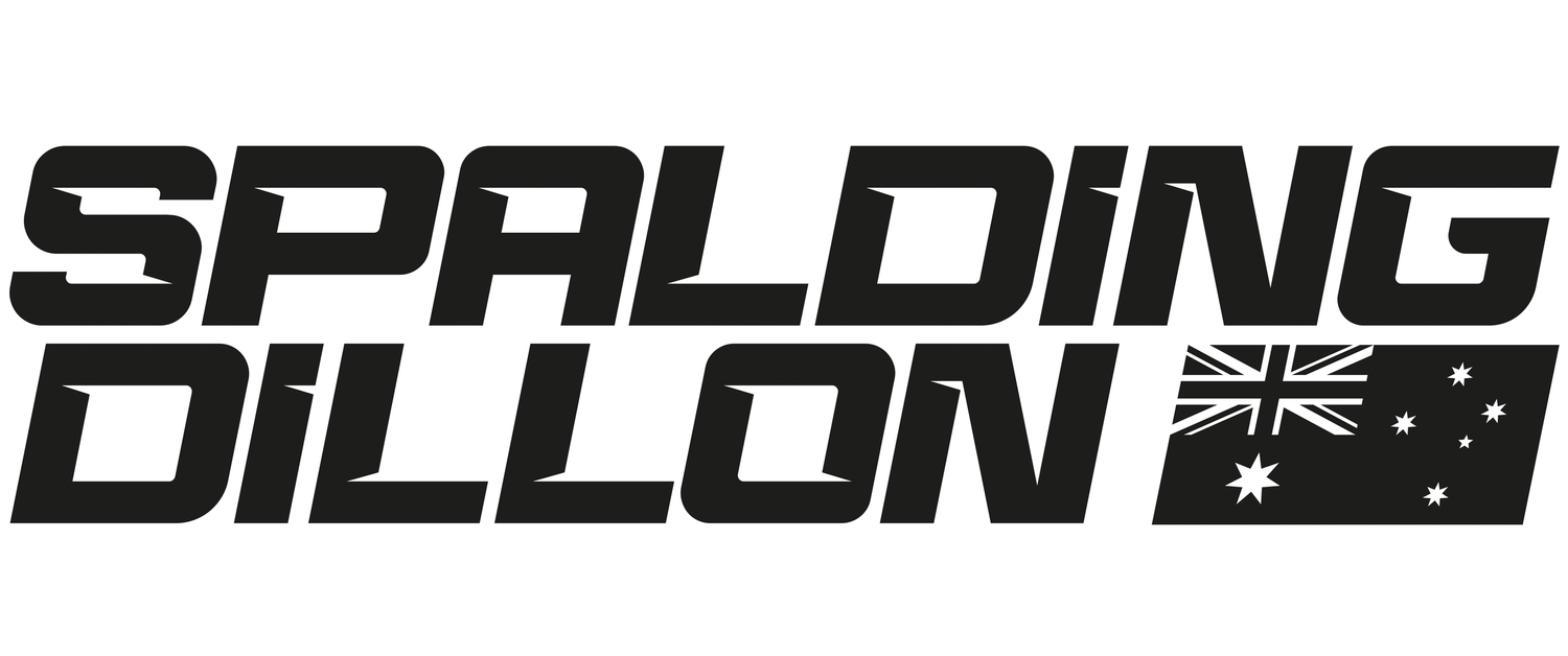 Black racing team typography logo with Australian flag emblem.