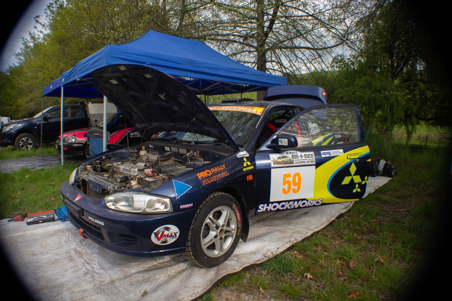 Rally cars parked under blue service tent with hoods open for maintenance.