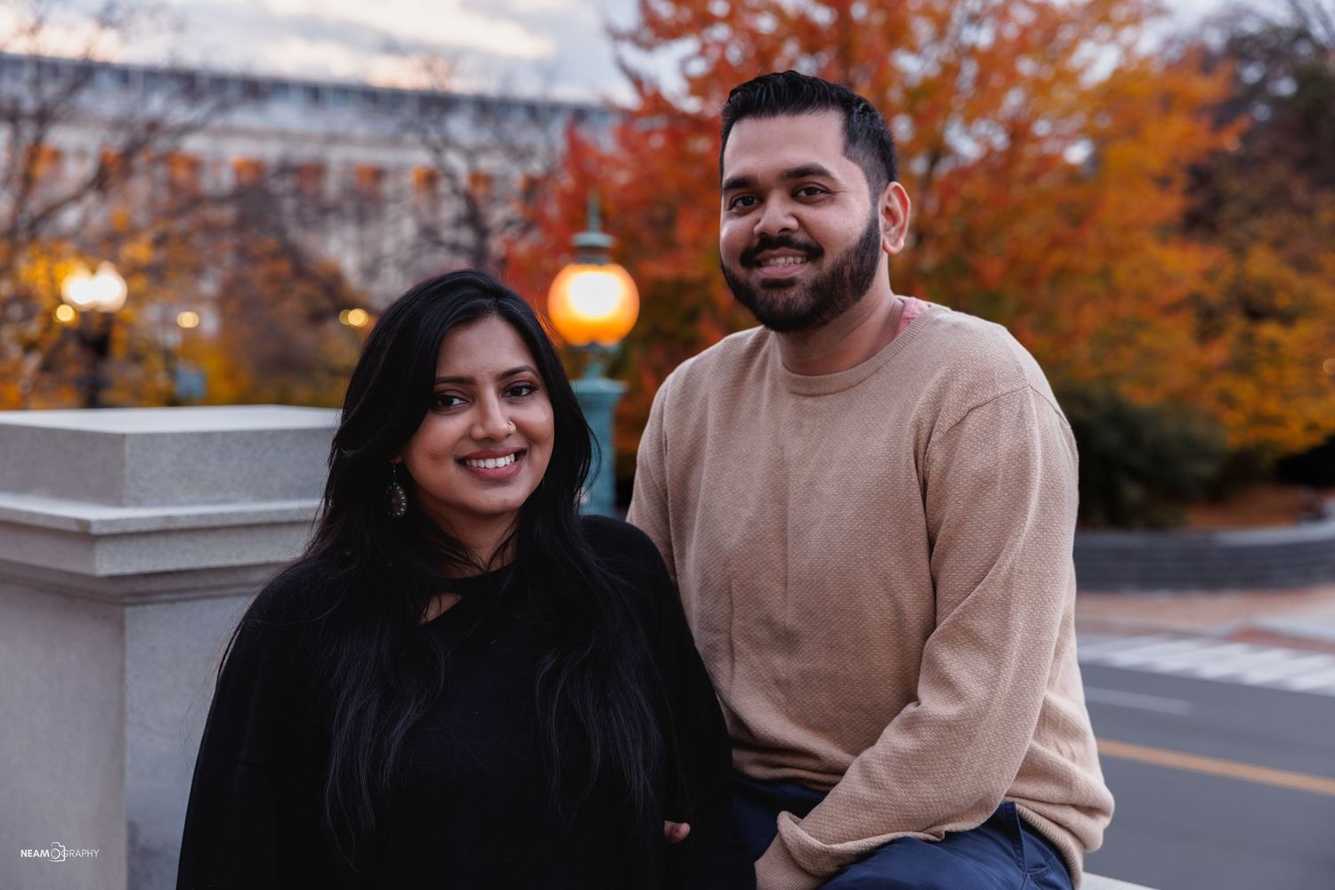 Engagement portrait of a smiling couple at the Library of Congress in Washington, DC. Professional couple photography by Neamography.