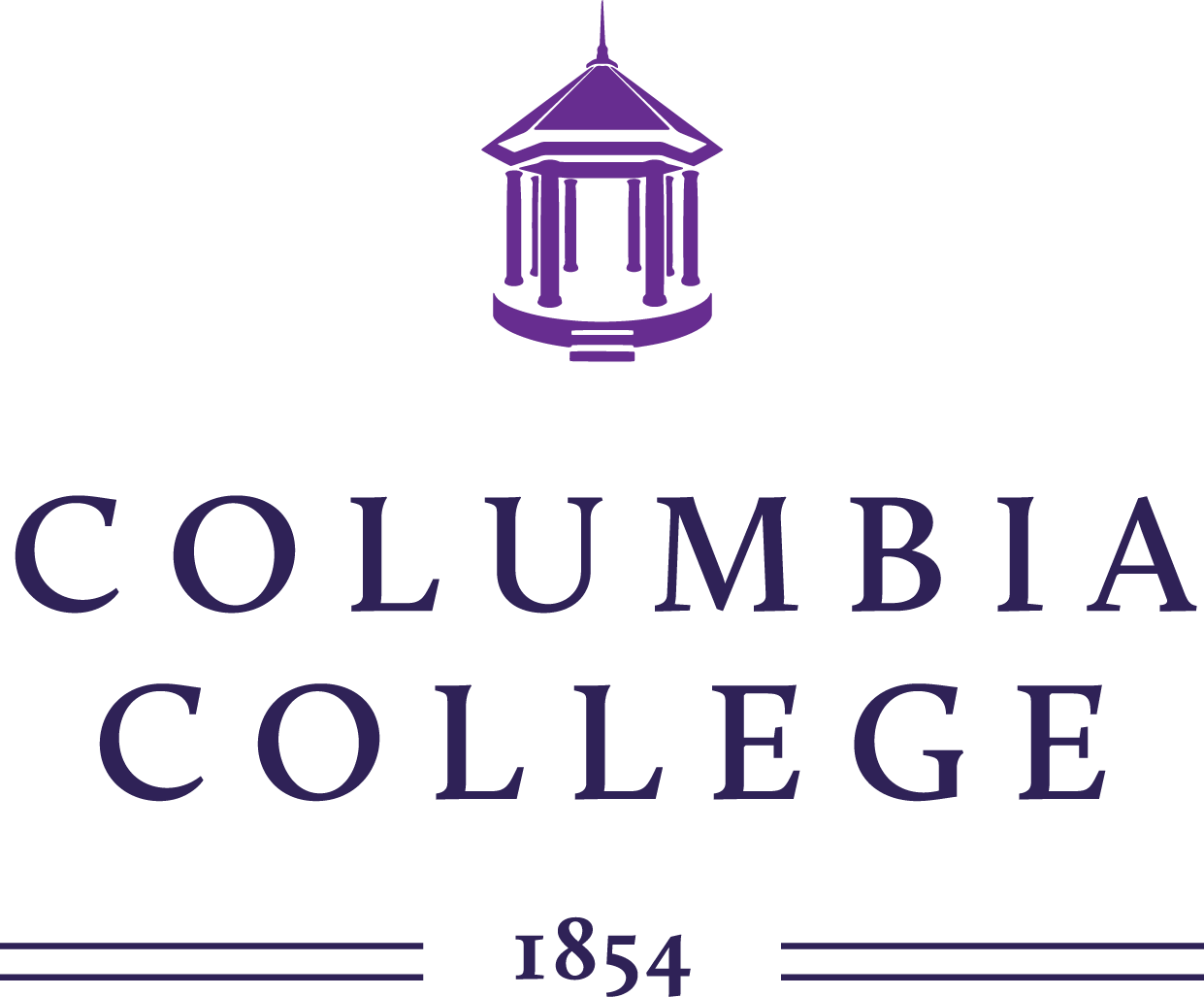 The purple Columbia College logo features a decorative lantern icon above text with the founding year 1854.