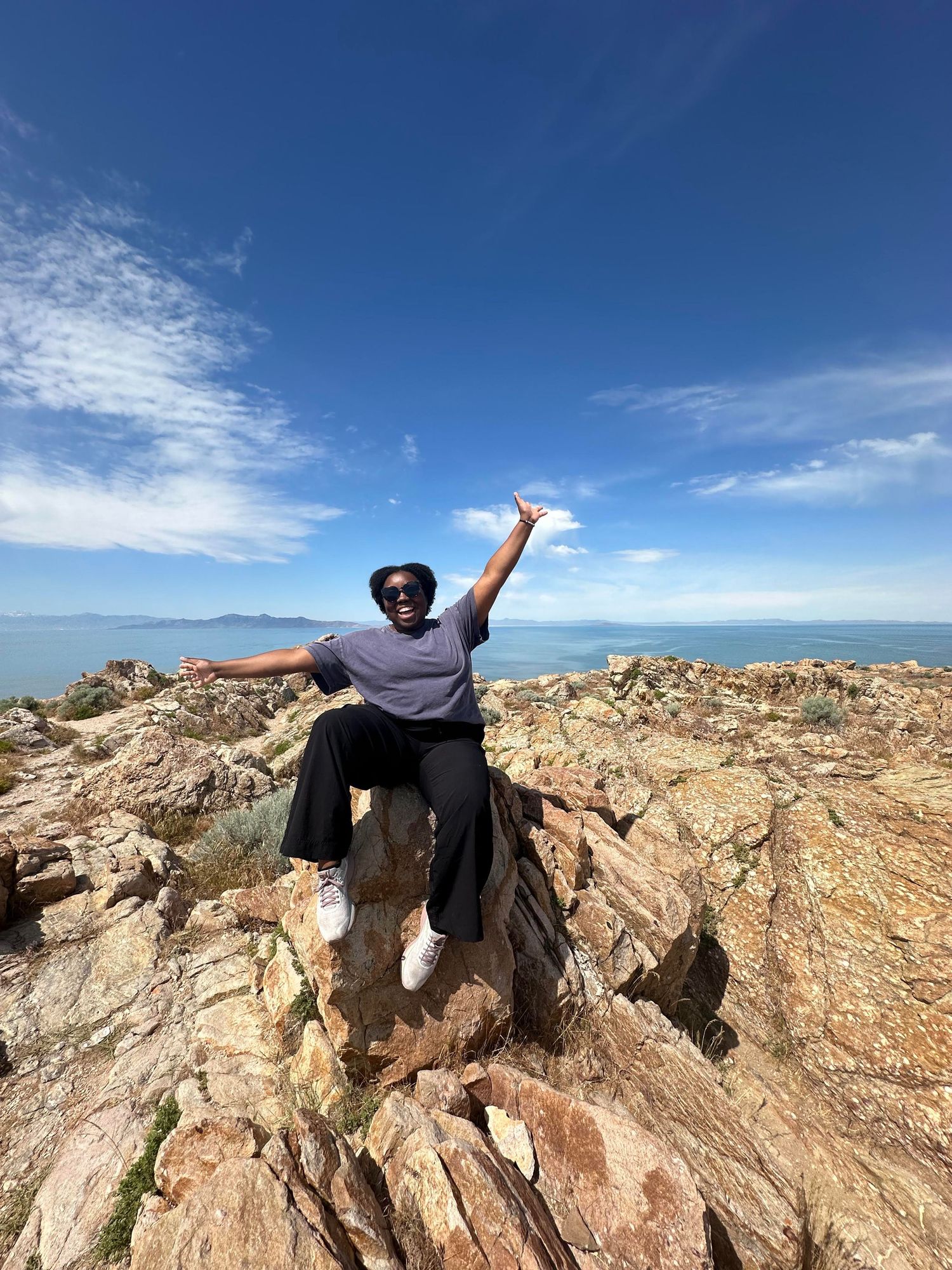 A hiker celebrates reaching a rocky summit against a bright blue sky and ocean backdrop.