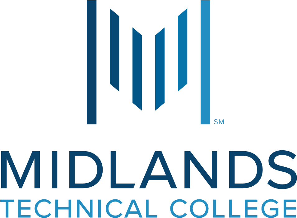 Blue logo for Midlands Technical College featuring stylized M/bridge design and text in all capital letters.