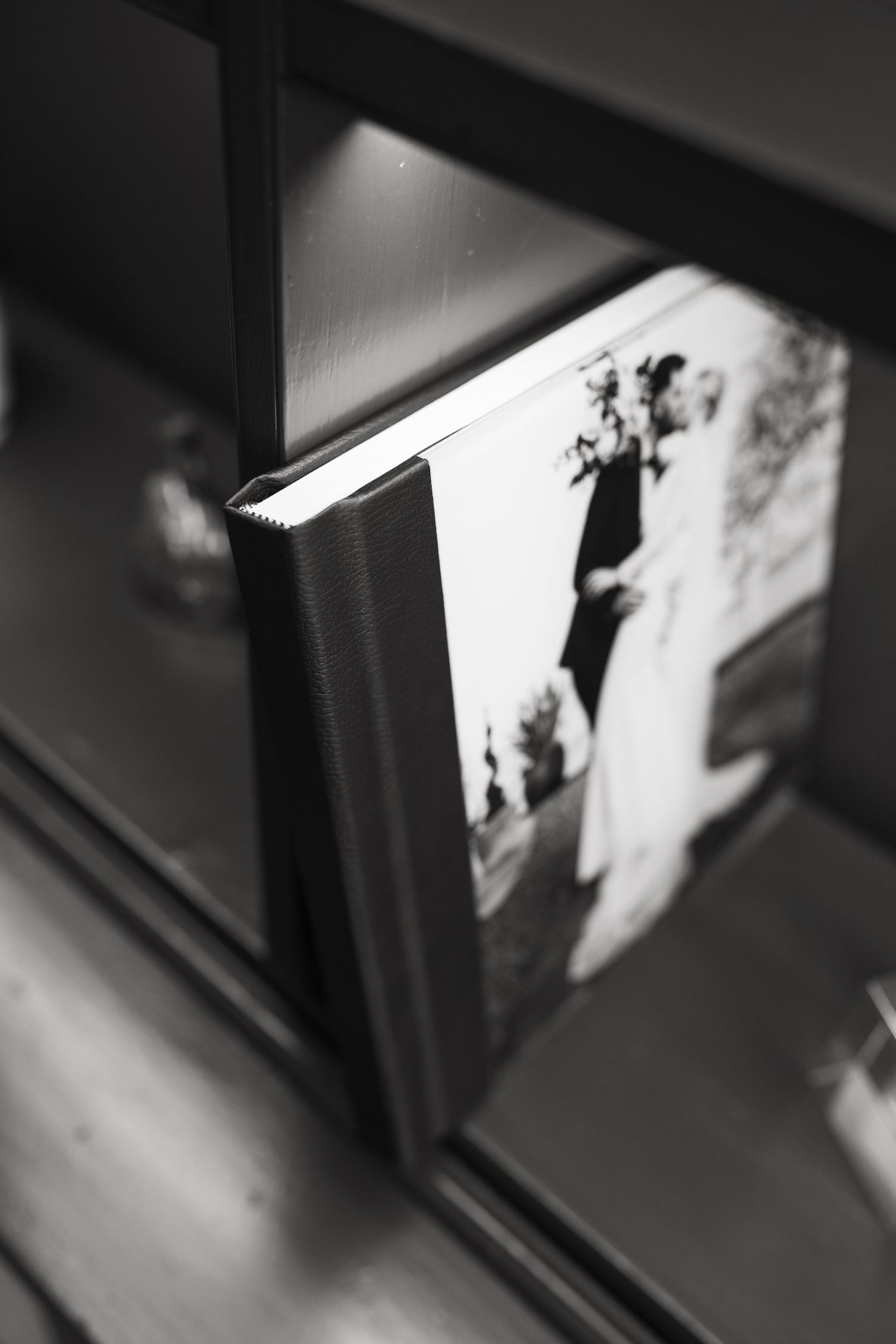 A black and white photography book sits on a shelf showing a silhouetted figure on its cover.