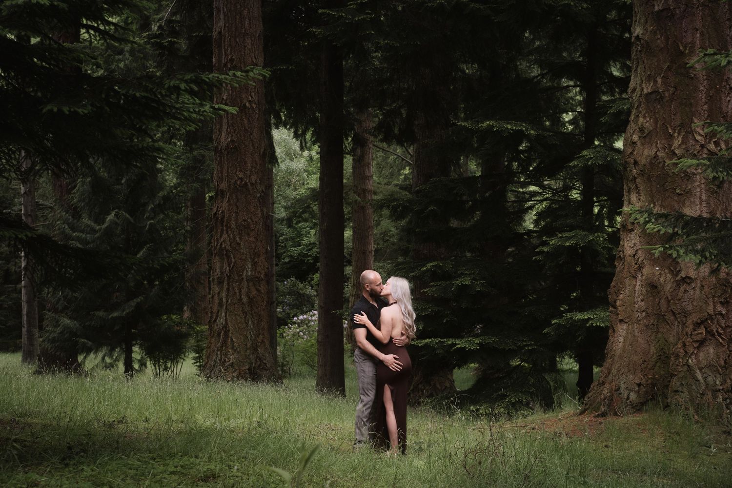 Two people sharing a romantic moment while hugging between tall trees in a peaceful forest setting at sunset.