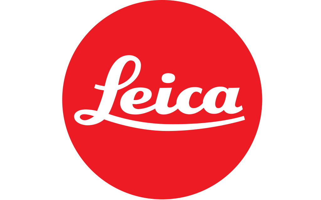 Leica's iconic red and white logo featuring cursive script text on a circular background.