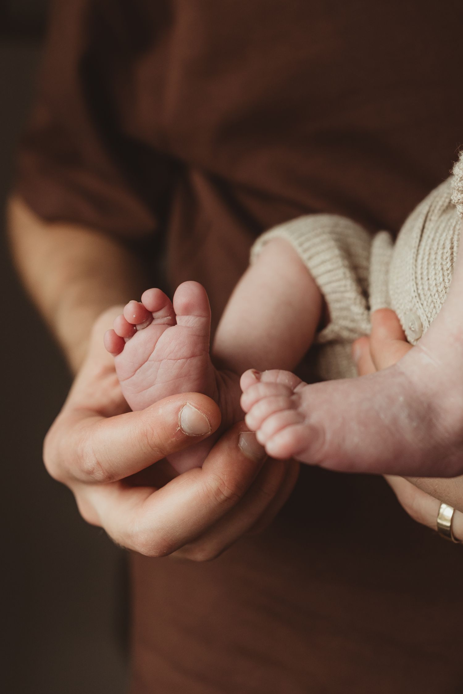 A series of tiny baby feet and hands being gently held against a dark brown background in a tender newborn photoshoot.