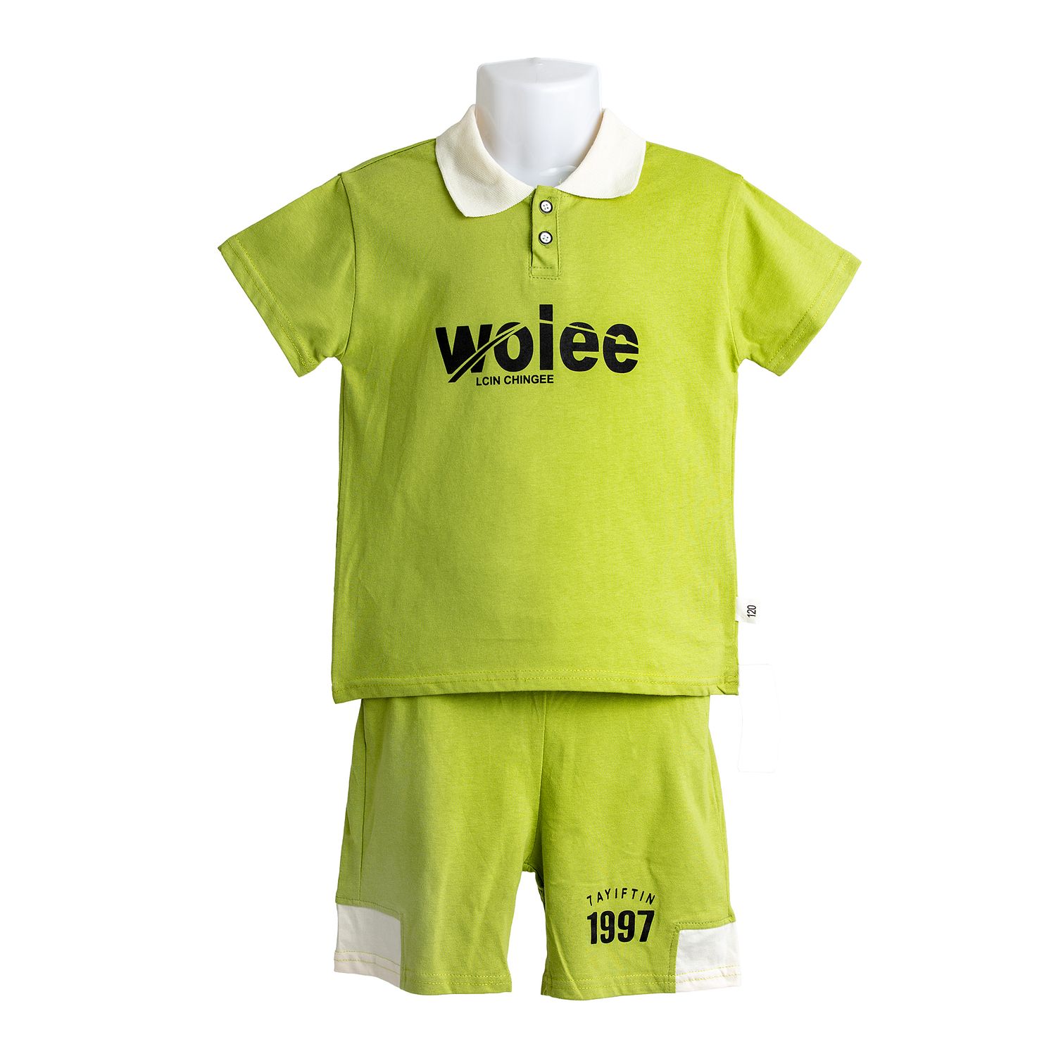 Lime green kids polo shirt and shorts set with black Wojee logo print and 1997 text detail.