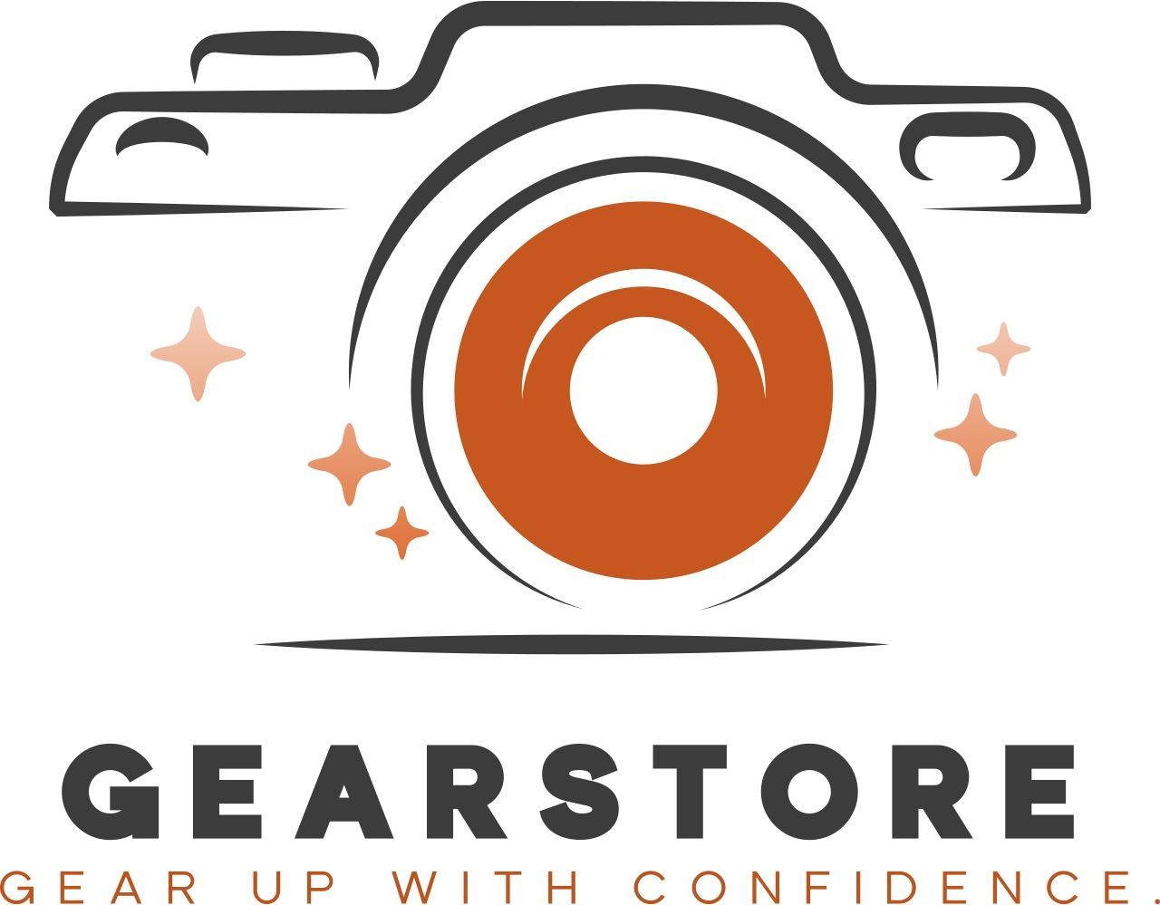 Black and orange logo design for Gearstore with tagline 'Gear up with confidence' and eye-shaped graphic elements.