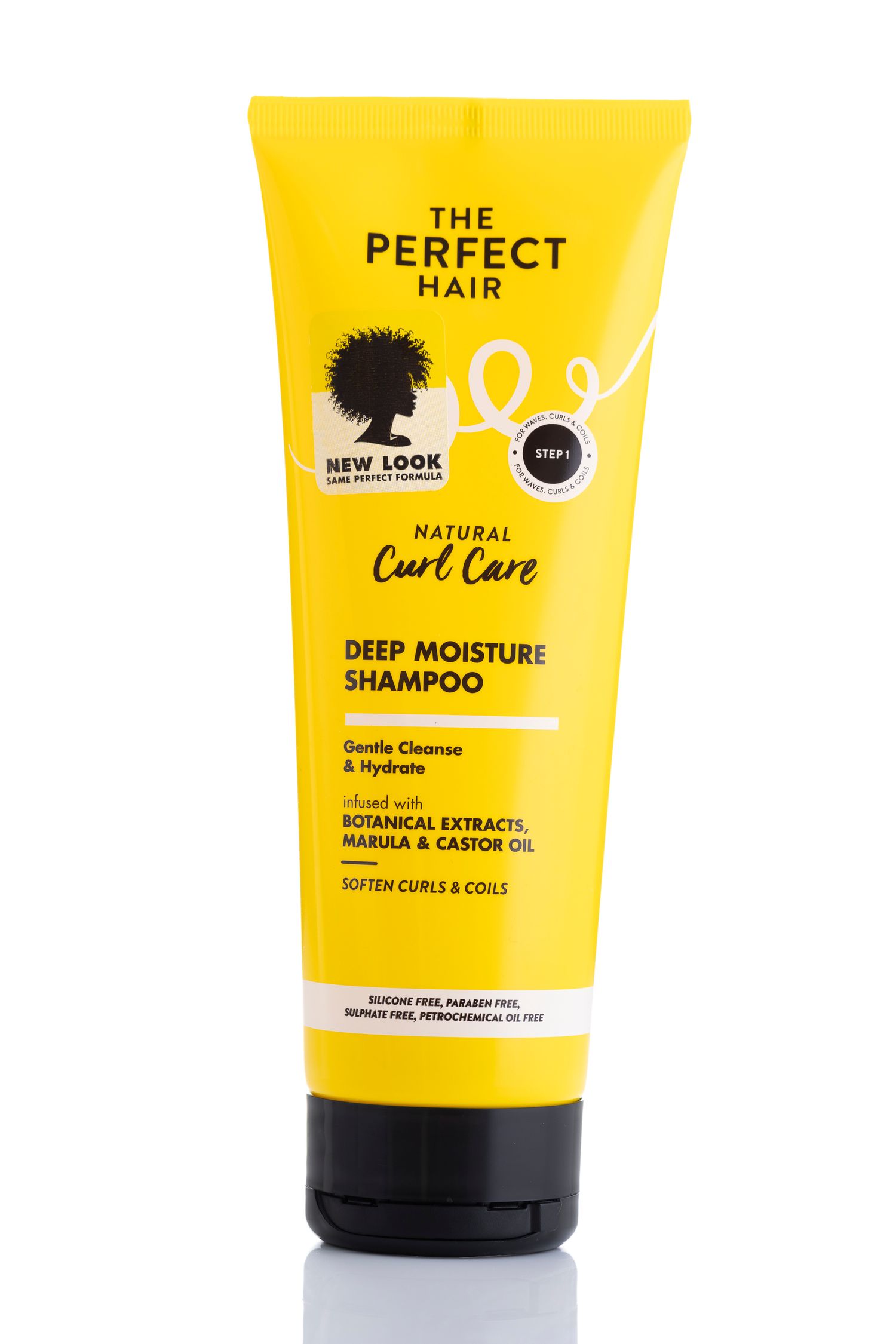 The Perfect Hair Natural Curl Care Deep Moisture Shampoo in yellow tube with botanical extracts, marula and castor oil.