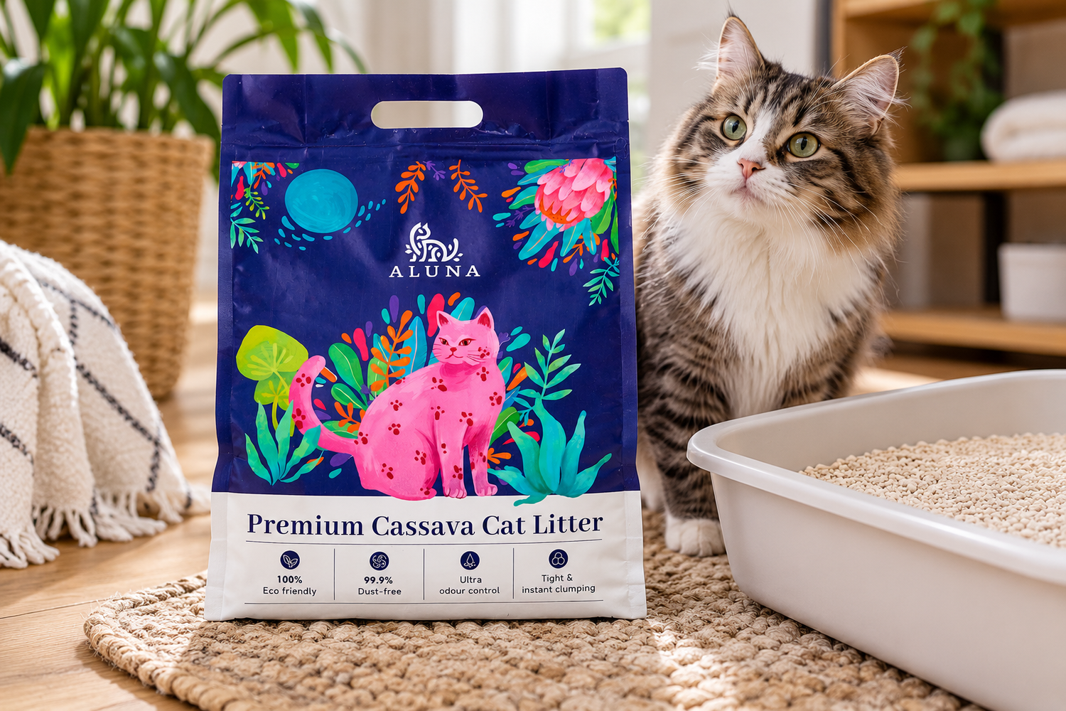 Aluna Premium Cassava Cat Litter bag beside a fluffy cat near a litter box on a cozy home floor.