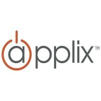 A modern logo design for Applix featuring gray text and an orange power button symbol forming the letter 'a'.