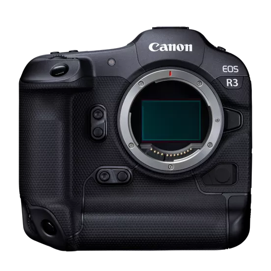 A black Canon EOS R3 professional mirrorless camera body showing the sensor mount without a lens attached.