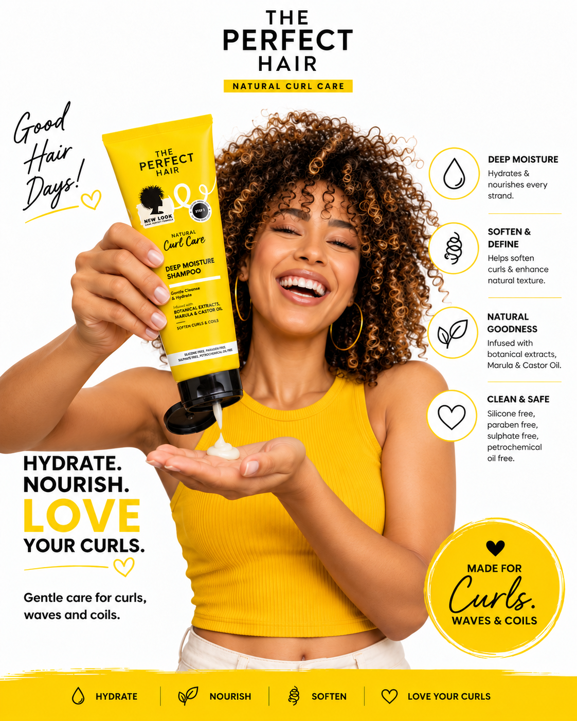 Woman holding The Perfect Hair Natural Curl Care shampoo bottle, promoting hydration and nourishment for curls, waves, and coils.