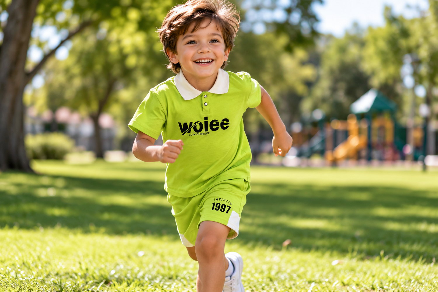 A smiling boy in a lime green Wolee outfit runs joyfully through a sunny park with playground in background.