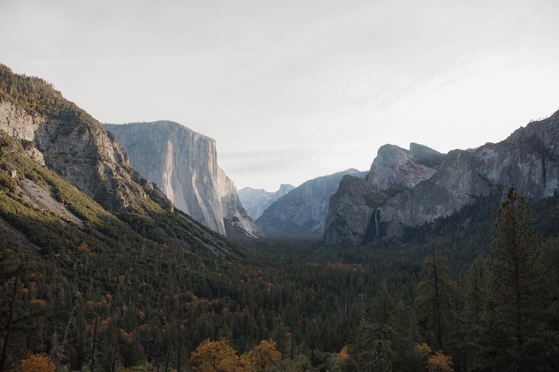 Dramatic view of Yosemite's granite cliffs and forested valley under overcast skies.
