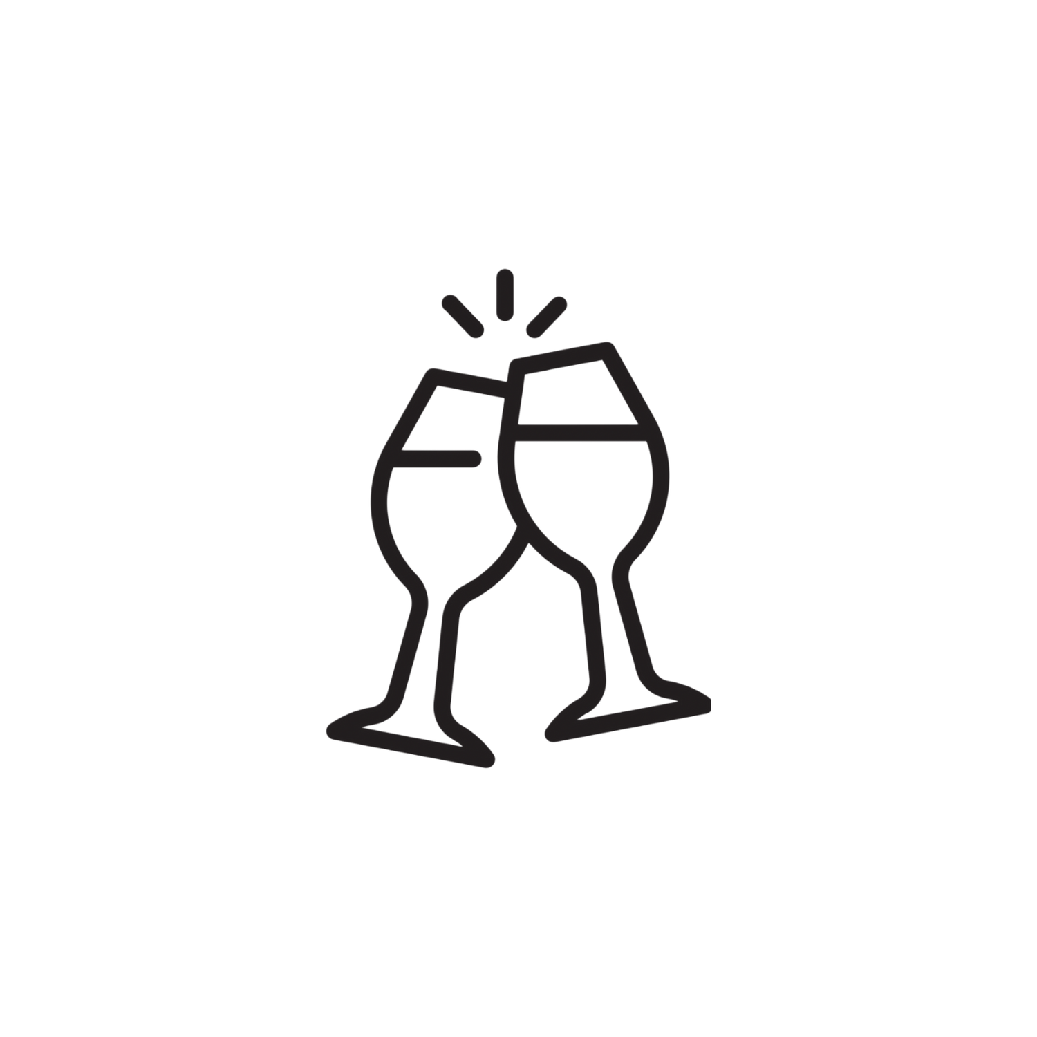 Simple line drawing of two clinking wine glasses in black and white.