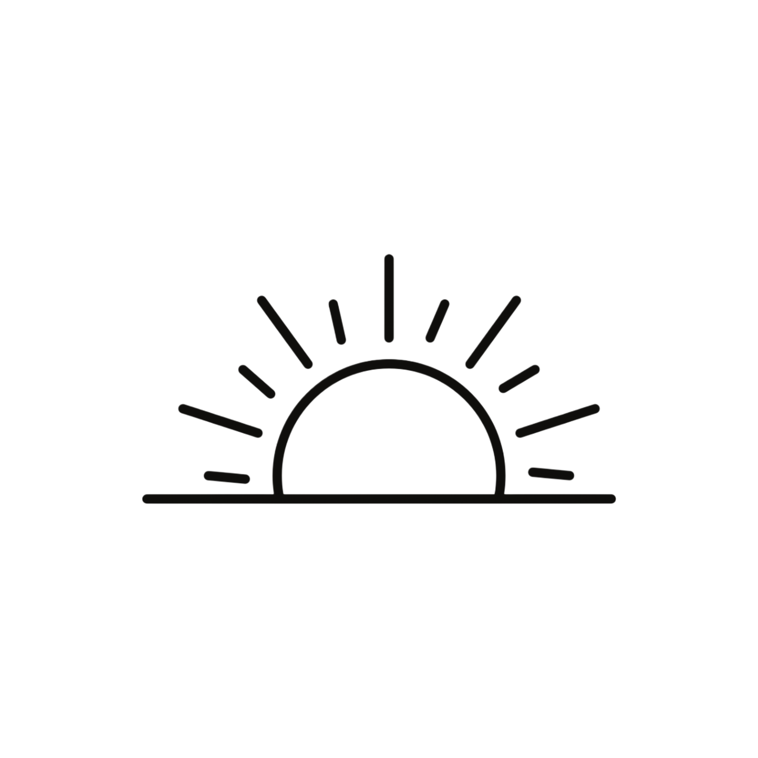 Minimalist black line drawing of a rising sun with radiating rays.