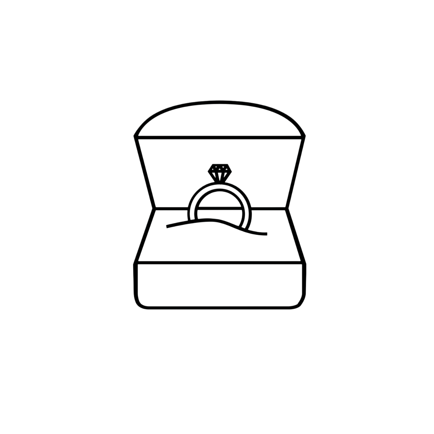Black and white icon of an engagement ring box with ring inside.