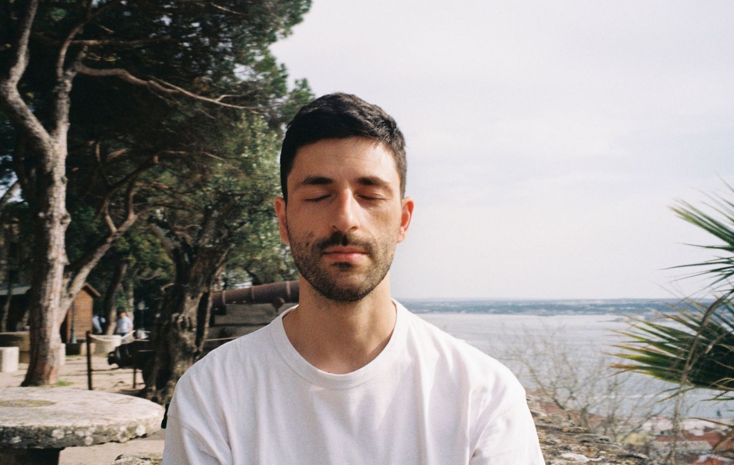 A person in a white t-shirt meditates by the seaside with palm trees and pines nearby.