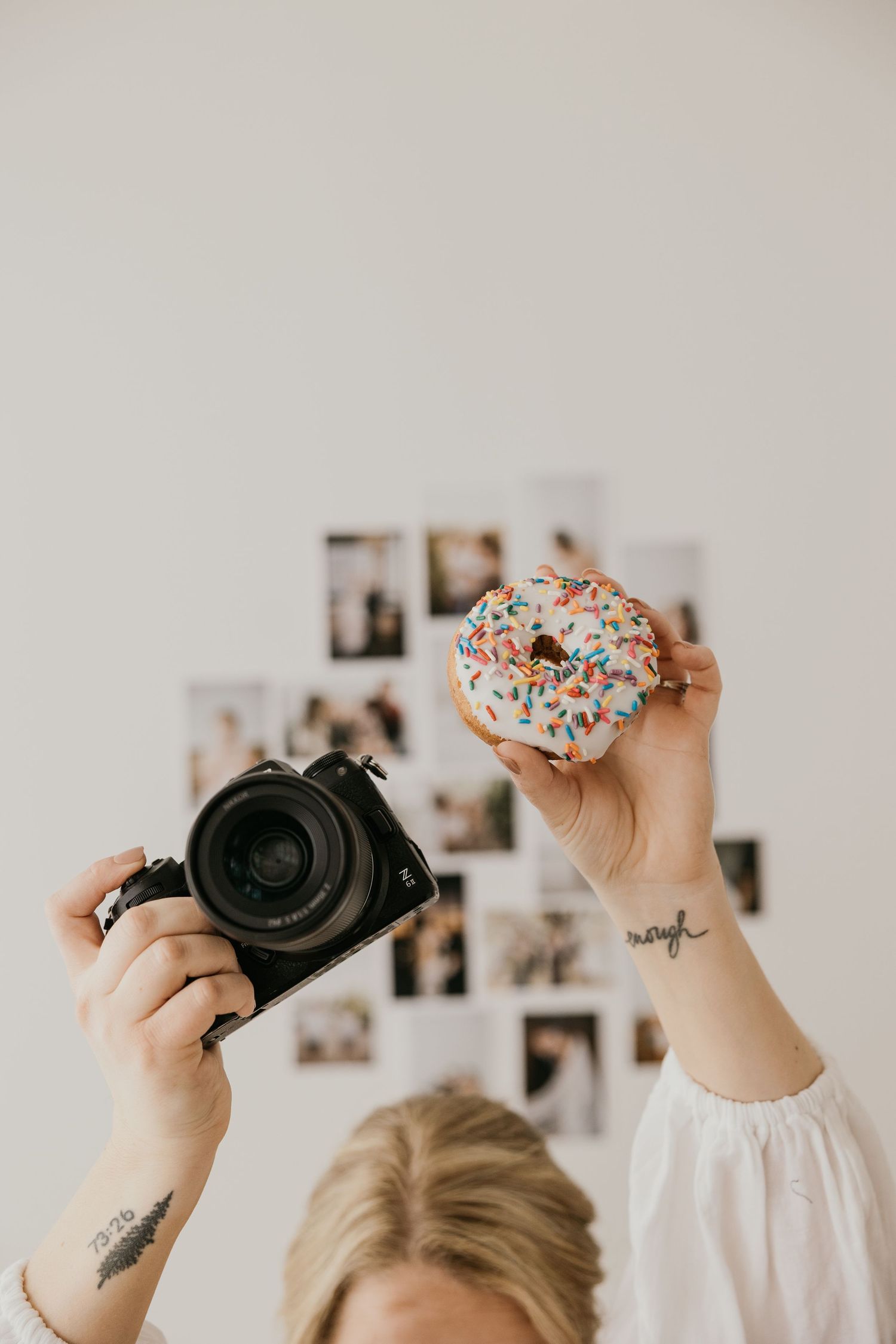 A series of four photos showing hands holding a camera and sprinkles against a white background.