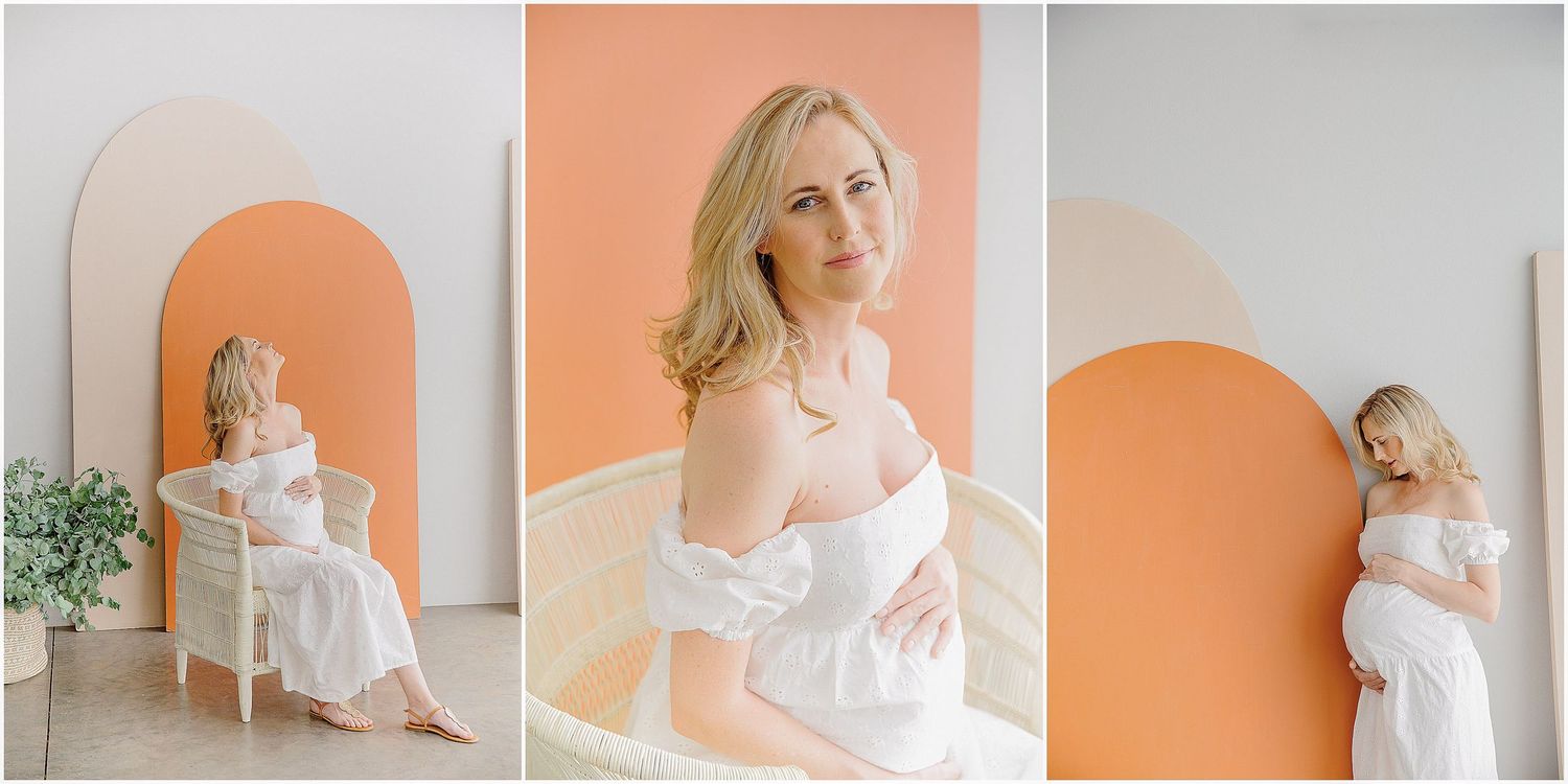 A collection of soft and ethereal boudoir photography portraits against a peachy orange backdrop in natural light.