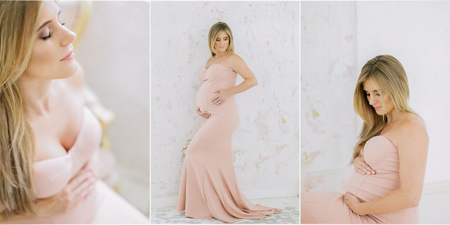 Maternity photography series in soft pink and white tones showing gentle poses against light backgrounds.
