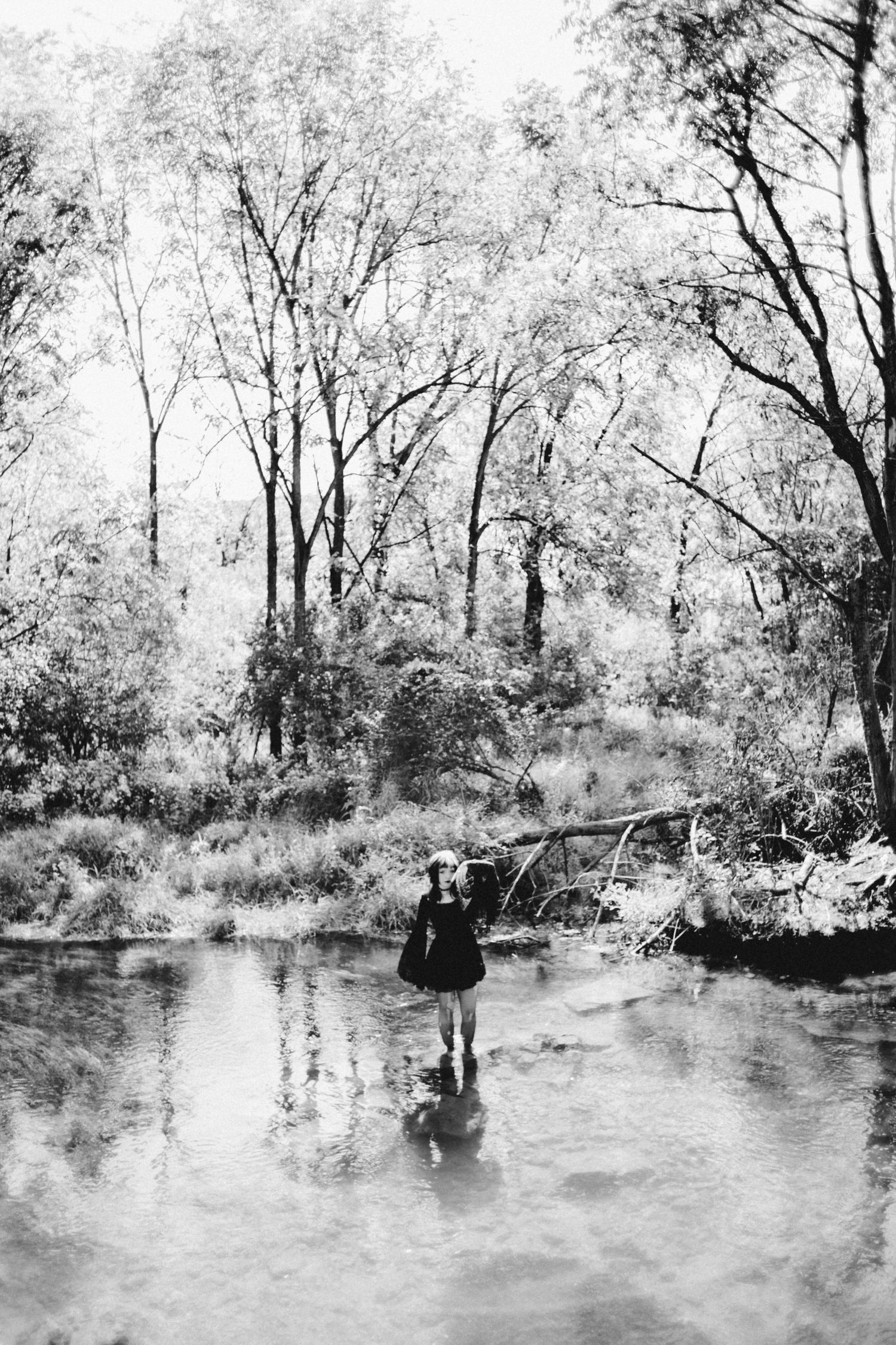 Black and white photo of a child wading through a shallow creek surrounded by trees in a forest.