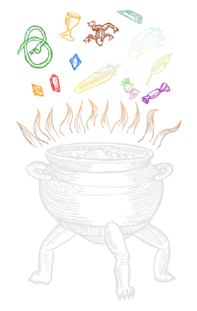 Sketch of a cauldron with flames, surrounded by colorful magical ingredients like gems, a frog, candy, and feathers floating above.