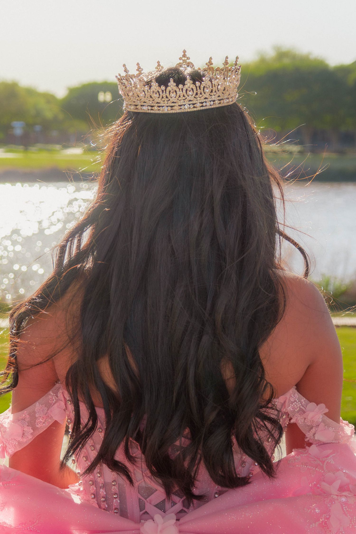 Young woman in pink gown wearing gold crown, viewed from behind, with long dark wavy hair near a serene lake.