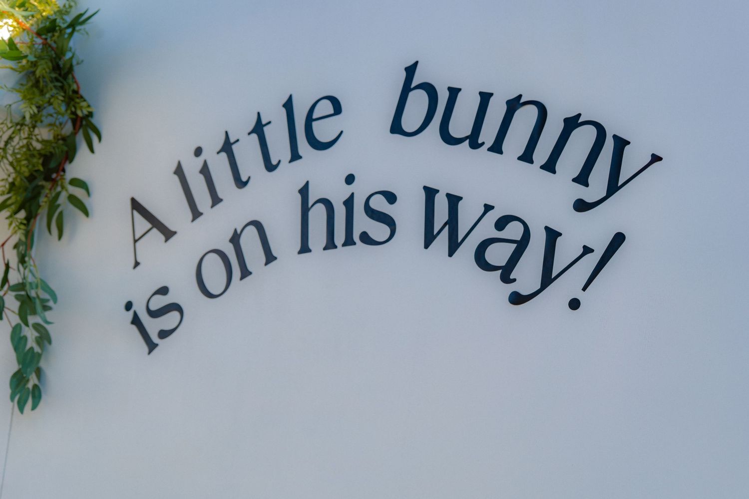 White backdrop sign reading A little bunny is on his way at outdoor baby shower celebration.