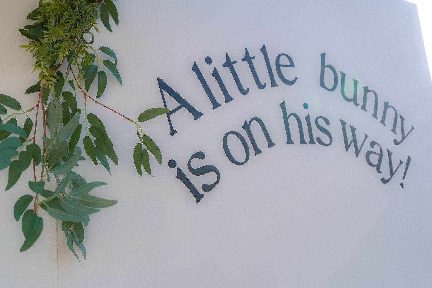 White wall with A Little Bunny Is On His Way baby shower quote and eucalyptus greenery accent.