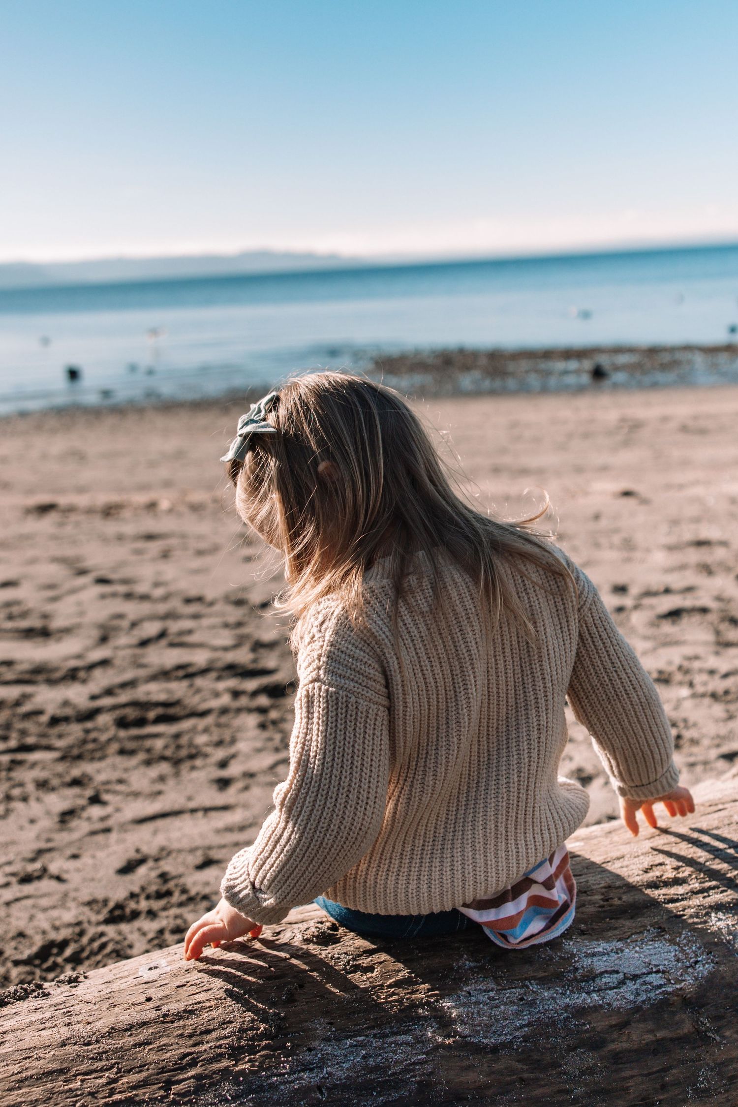 Toddler girl in knit sweater sits on driftwood gazing at ocean beach.