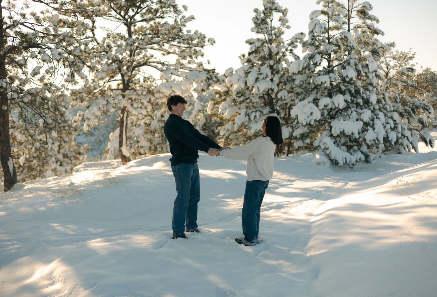 A couple holds hands facing each other in a snowy landscape with snow-covered pine trees behind them.