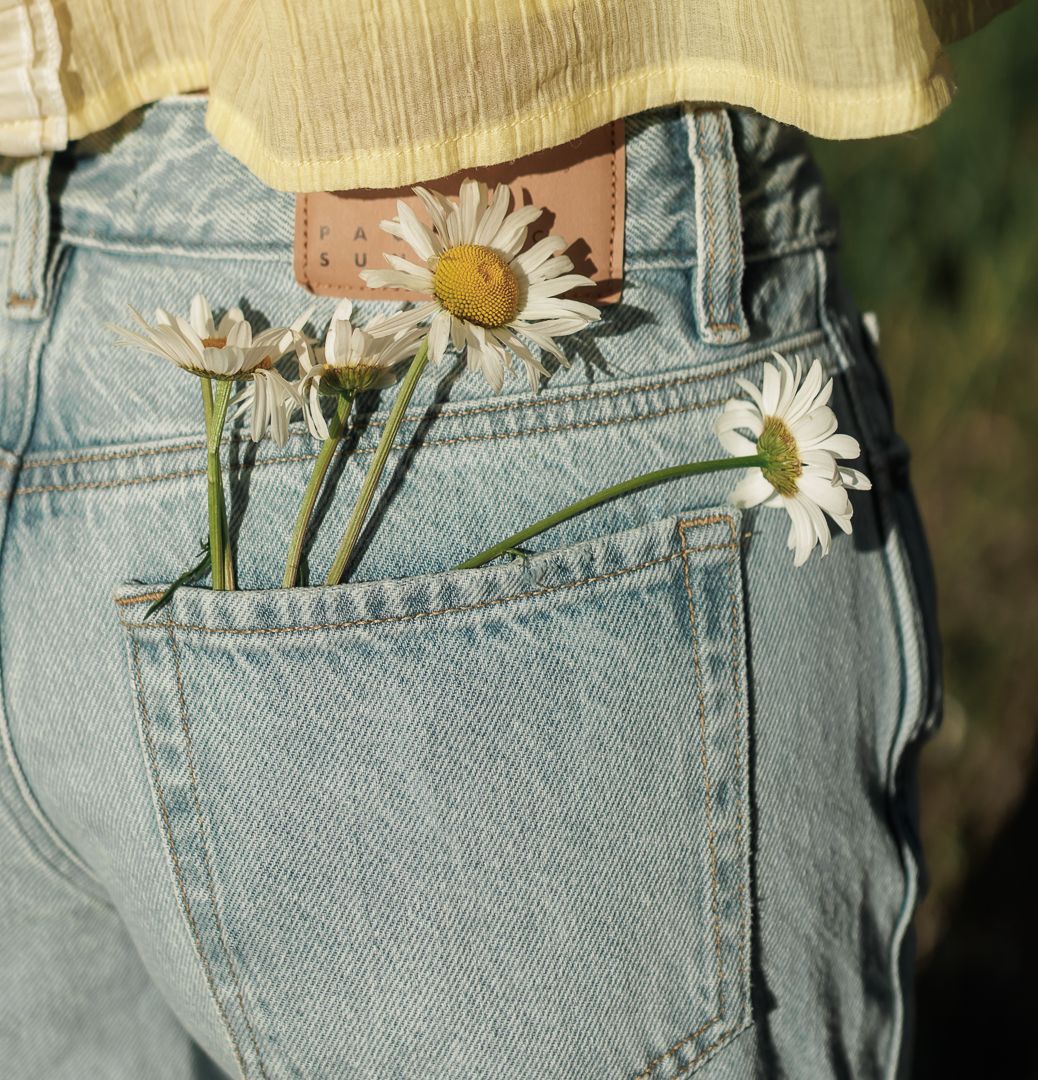 Daisies tucked into back pocket of light wash blue jeans in sunny outdoor setting.