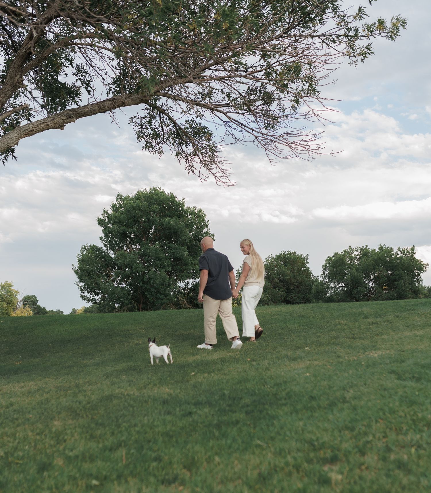 Couple walking with small dog on lush green park lawn under large tree with cloudy blue sky.