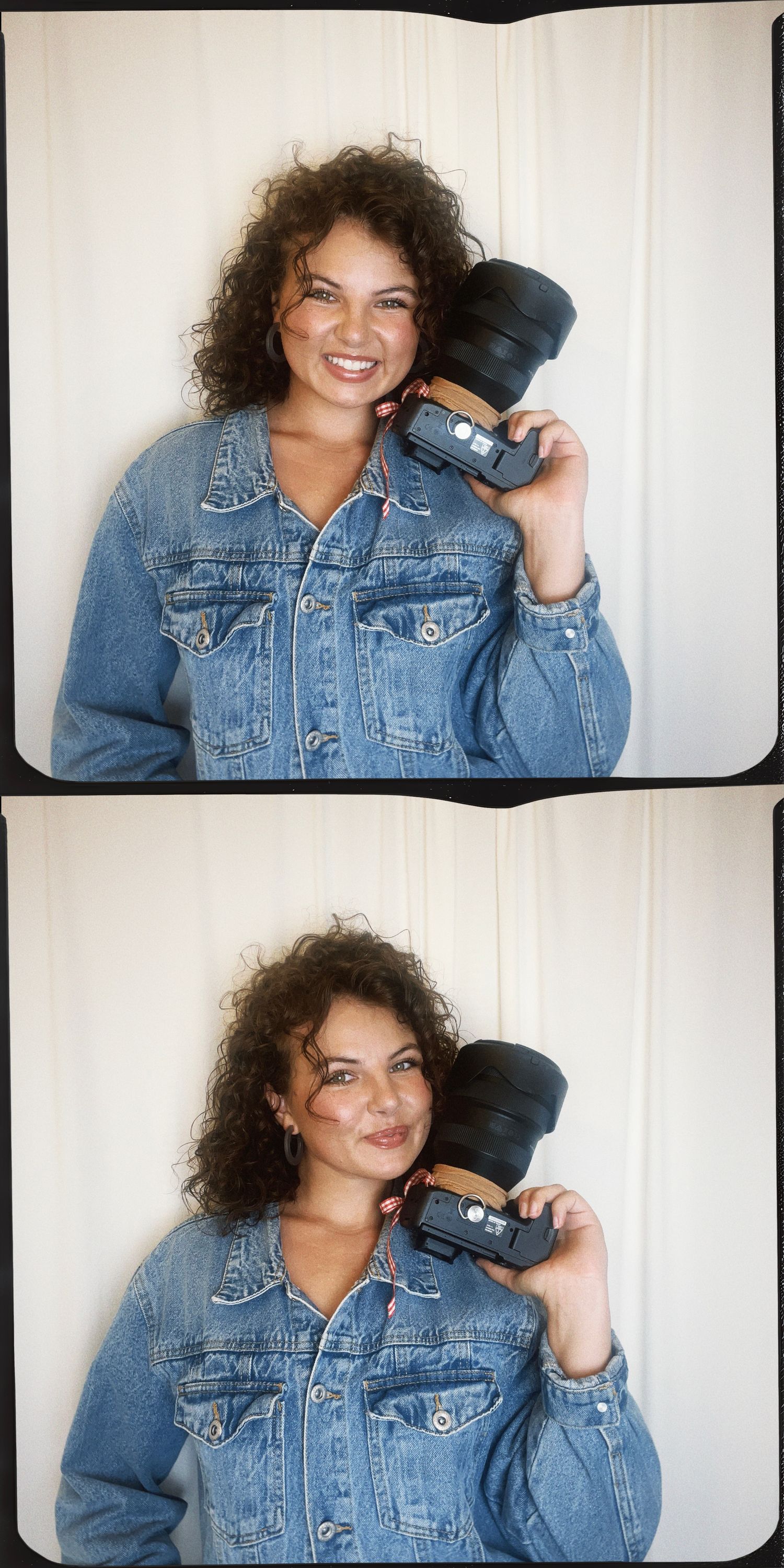 Double exposure photo strip of a smiling woman holding a camera lens in a denim jacket.