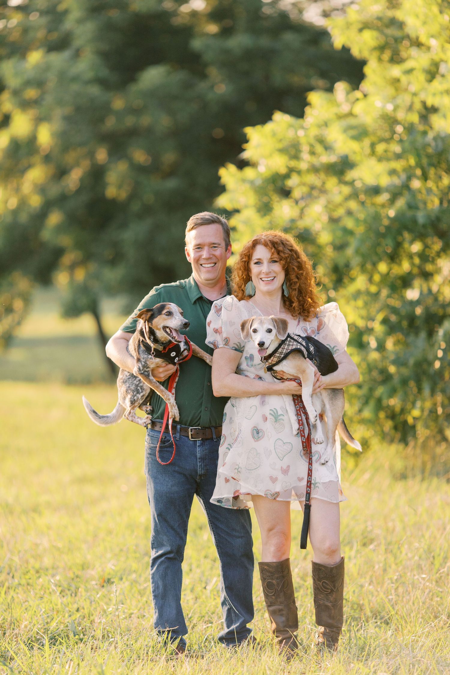 Smiling couple holding two small dogs poses outdoors in a sunny green park.
