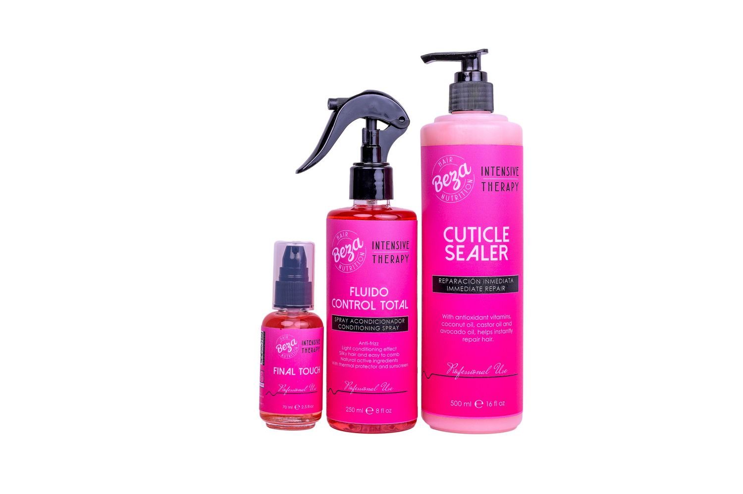 Beza Intensive Therapy pink hair care set with Cuticle Sealer, Fluido Control Total spray bottles.