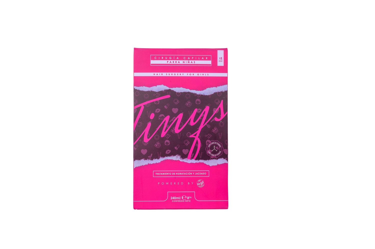 Tinys pink and black packaging with decorative pattern and product details on white background.