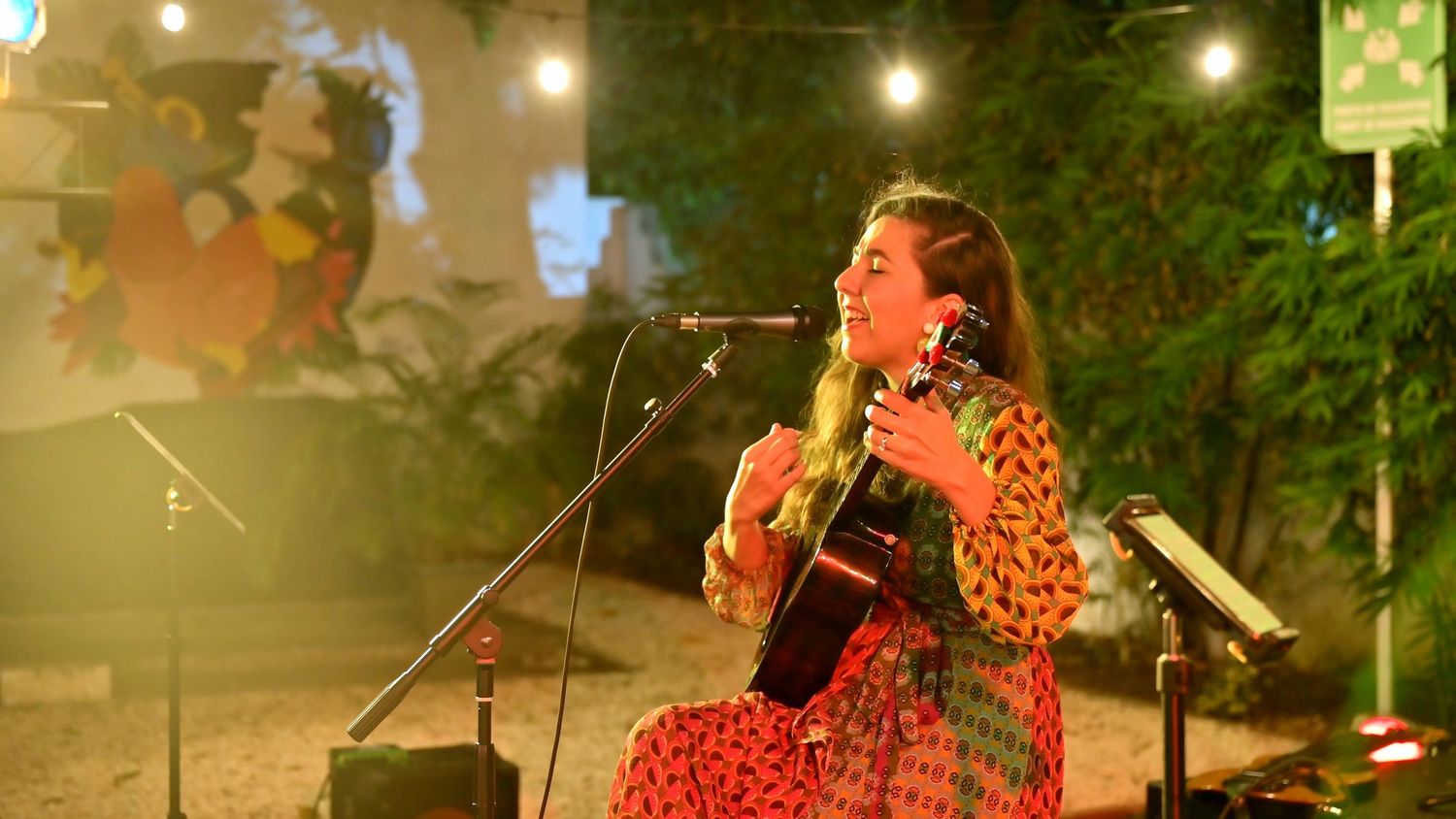 A woman in a colorful dress plays acoustic guitar and sings into a microphone at an outdoor evening performance.