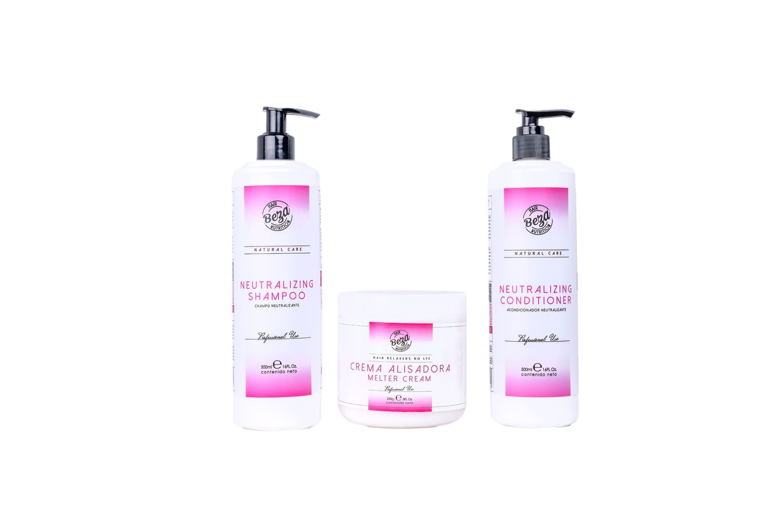 Beza Neutralizing Shampoo, Conditioner, and Prima Alisadora hair treatment set in white pump bottles.